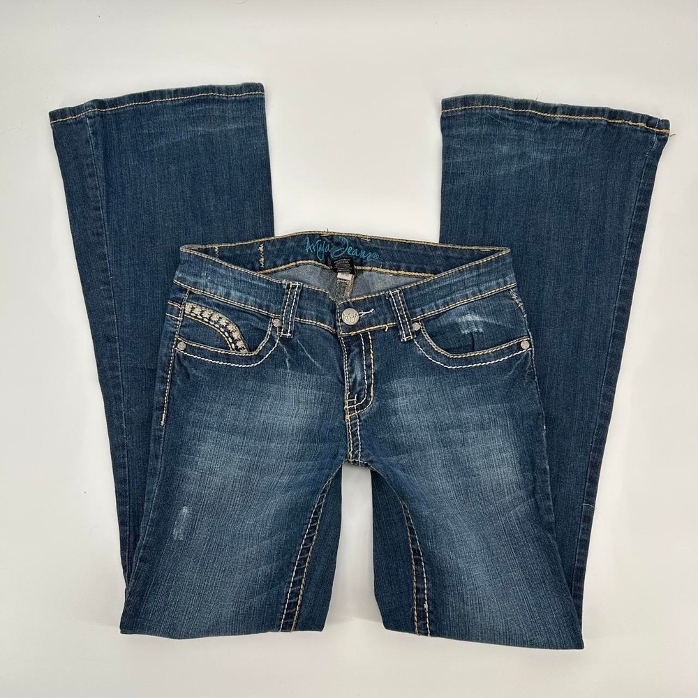 Y2K Ariya low rise bootcut jeans with white stitching on pockets flare size 7/8